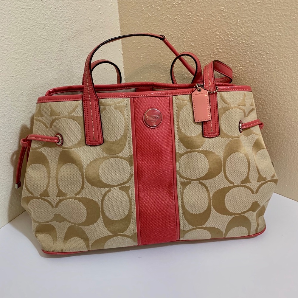 Coach purse, coral and brown fabric logo